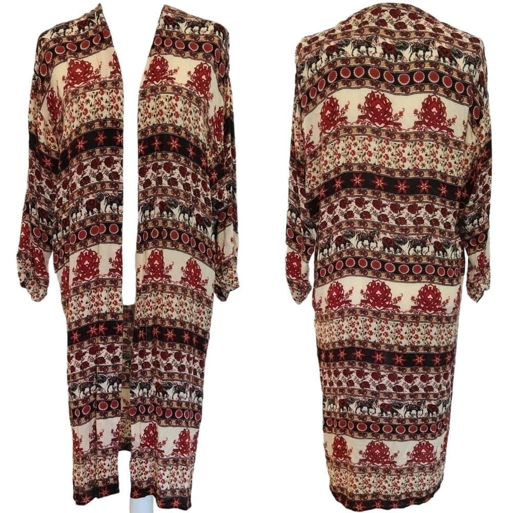 Zara Trafaluc Multicolor Open Front Longline Duster Cover-Up Boho Exotic Tribal